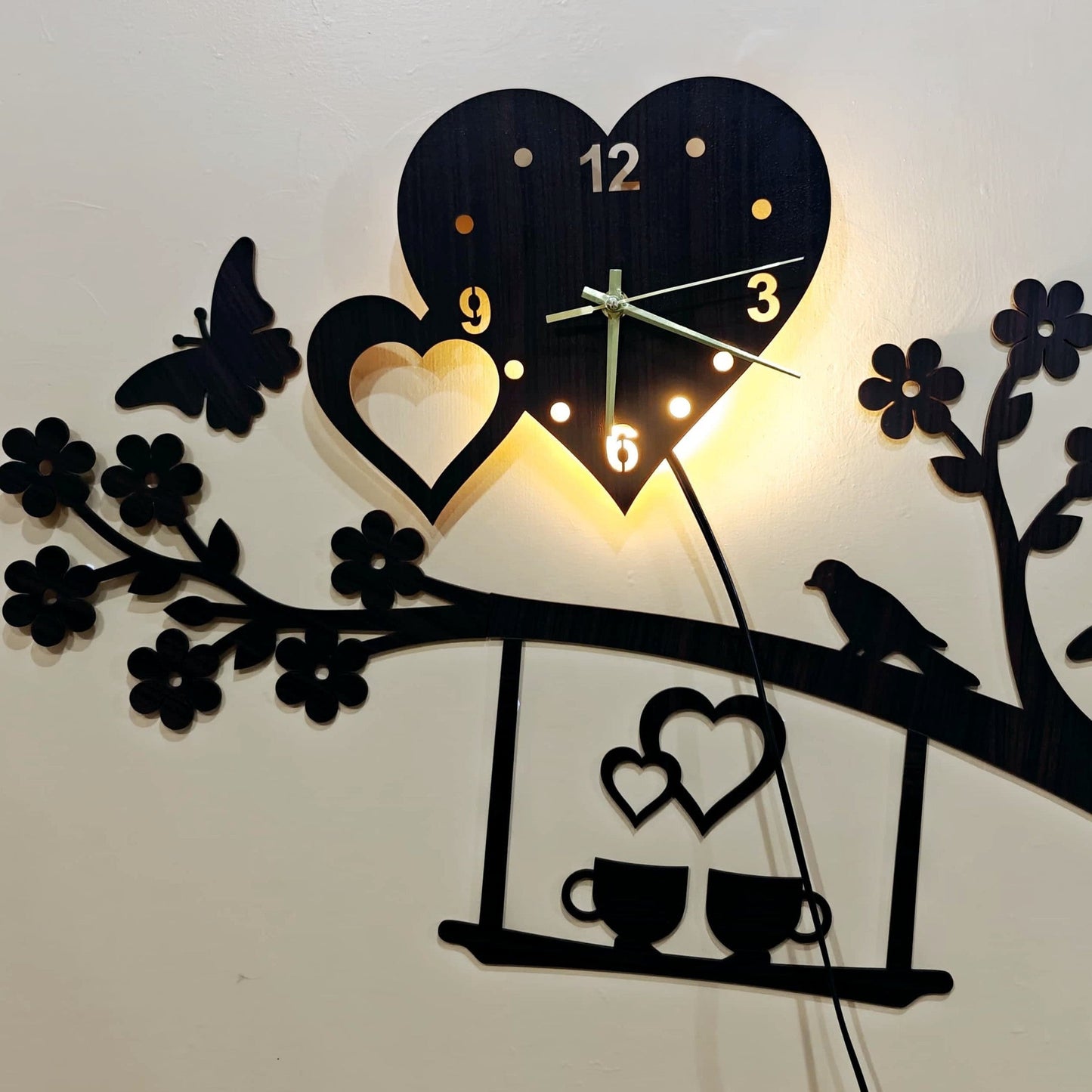 Hearts And Flowers Wooden Wall Clock